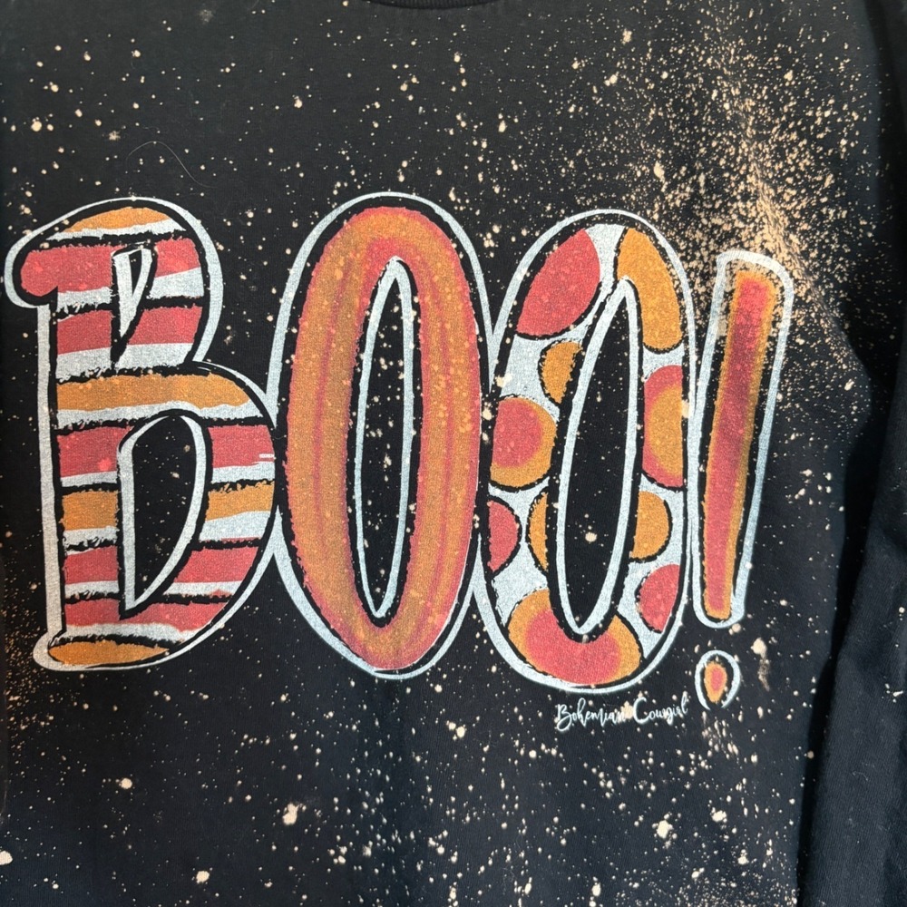 Bohemian Cowgirl Women's Halloween "BOO" Black Splatter Long Sleeve Tee Large - Picture 4 of 13